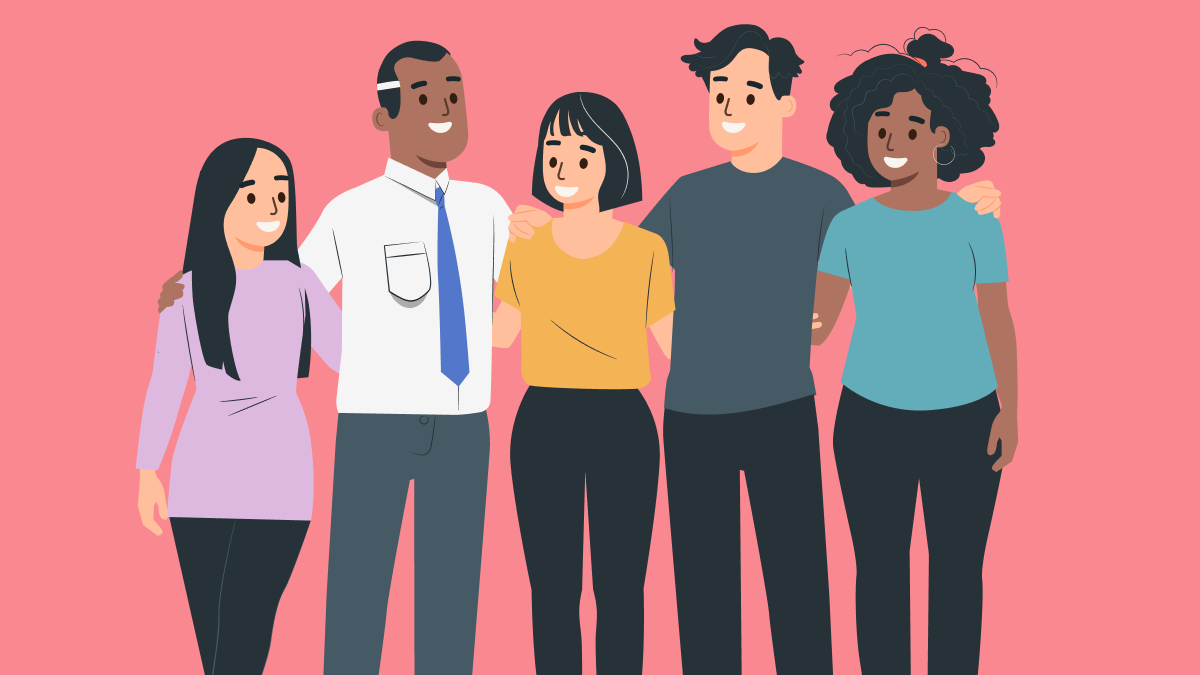 Flat vector illustration of a smiling, diverse policy team with their hands on each others shoulders
