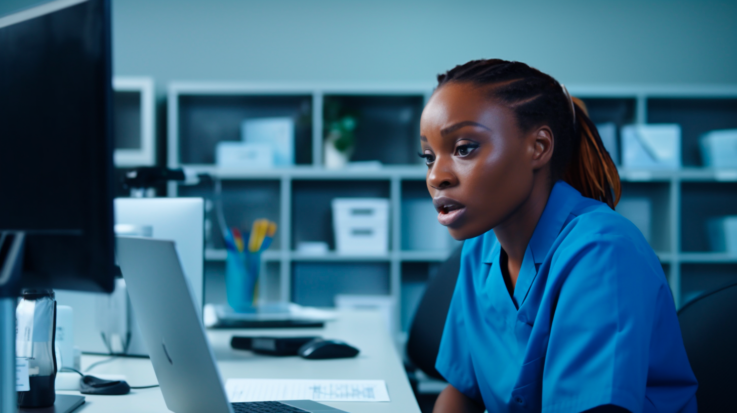 a female nurse investigating the EHR with her laptop and getting stressed