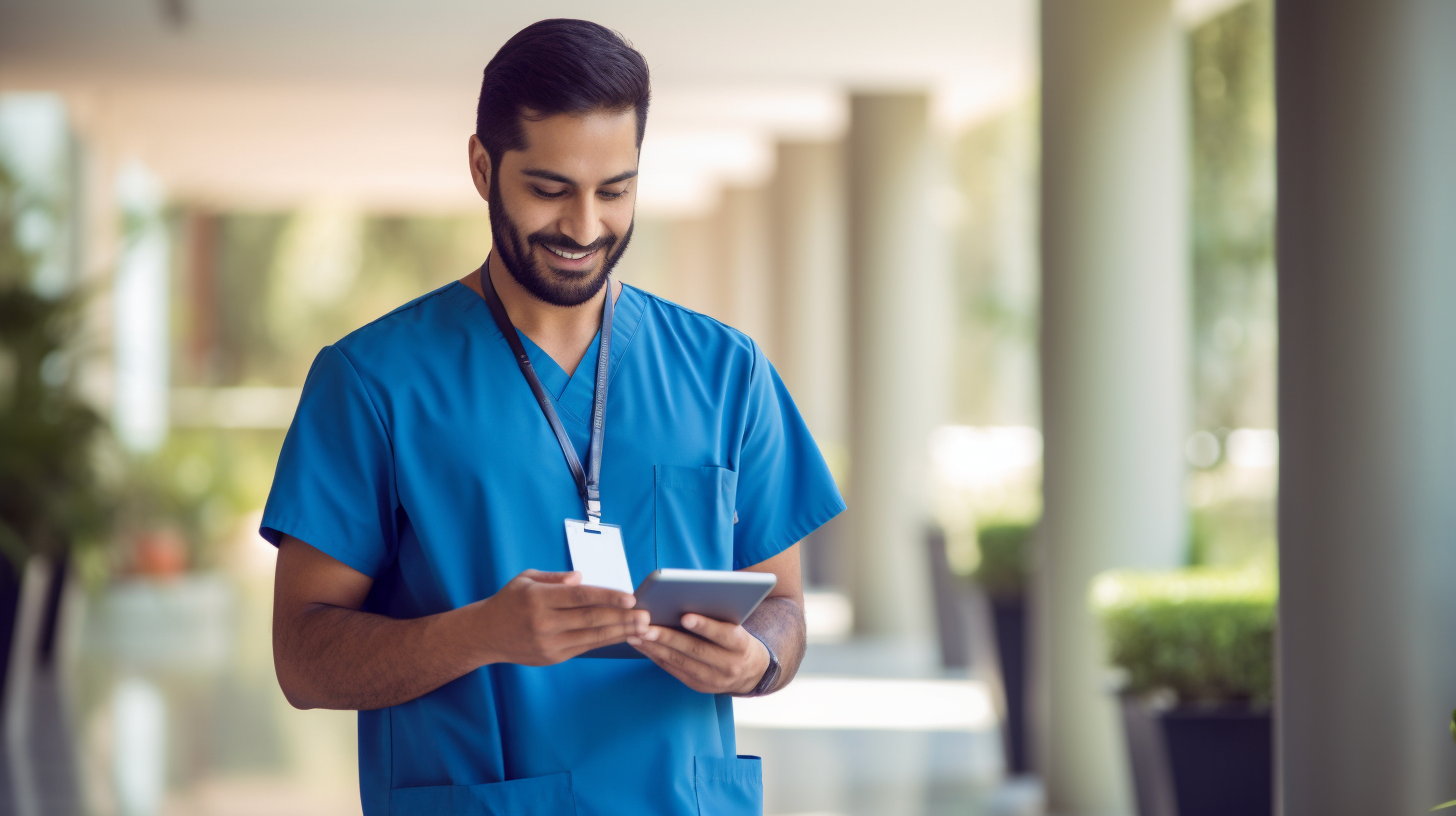 a male nurse conversing with his tablet with ease and receiving useful information