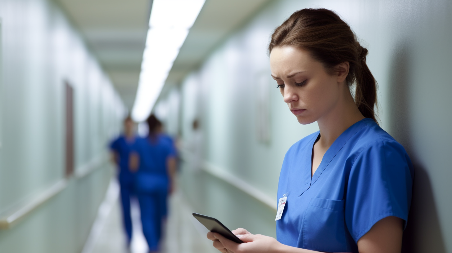 a female nurse stressed with all the alarms she is receiving on her smartphone