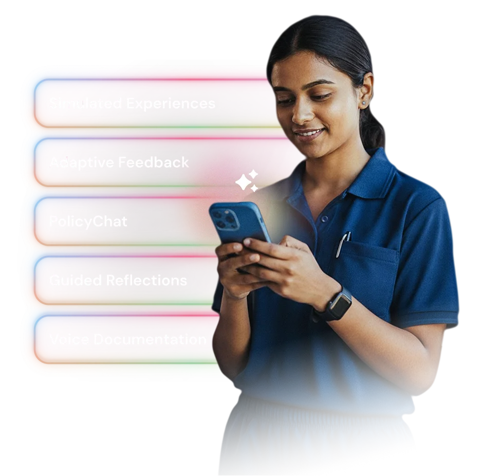 Healthcare worker holding glowing phone with AI features behind her