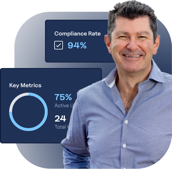 Man looking at camera with interface elements in the background that show a compliance rate of 94% as well as a chart for key metrics