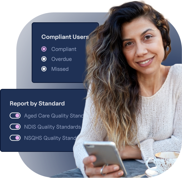 Woman on phone looking at camera with interface elements in the background that show options for compliant users and reporting by standard
