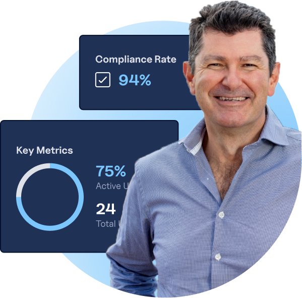 Man looking at camera with interface elements in the background that show a compliance rate of 94% as well as a chart for key metrics