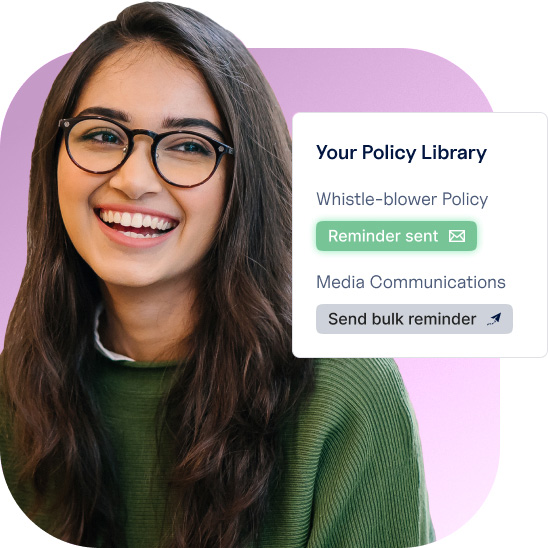 Young lady wearing glasses smiling, glacing at a floating window interface that says 'Your Policy Library' 