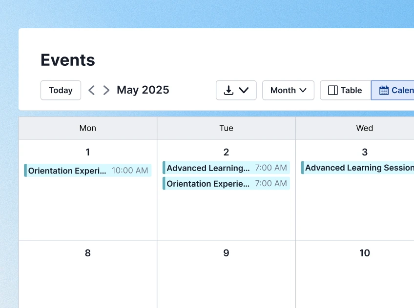 Events calendar with sessions across several homes