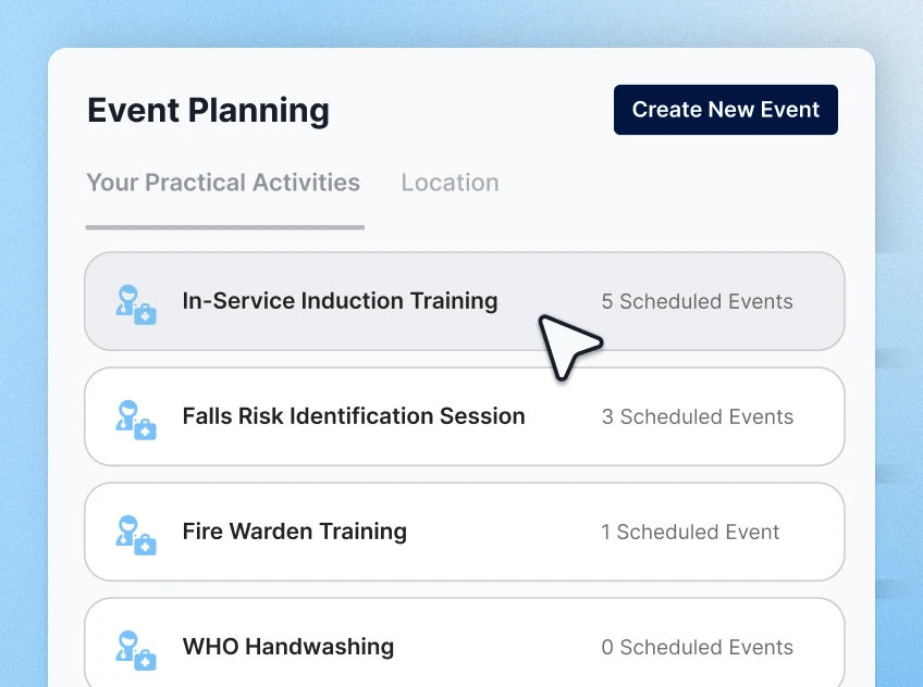 Event Planning list of practical activities, including in-service induction, falls risk, fire warden and handwashing sessions