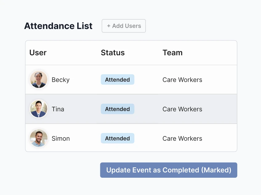An event attendance list in Ausmed Learn, with each attendee marked Attended