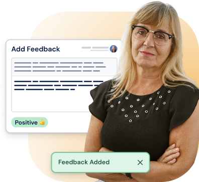 Woman standing in front of a floating interface with a heading 'Add Feedback' and indicator 