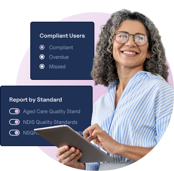 Woman on tablet looking at camera with interface elements in the background that show options for compliant users and reporting by standard